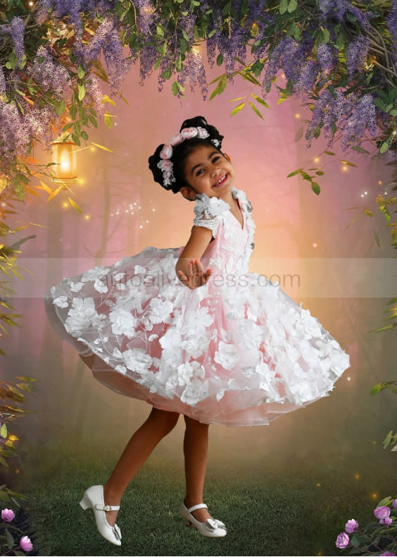 Pink Lace Tulle Pearl Embellished Tutu Flower Girl Dress